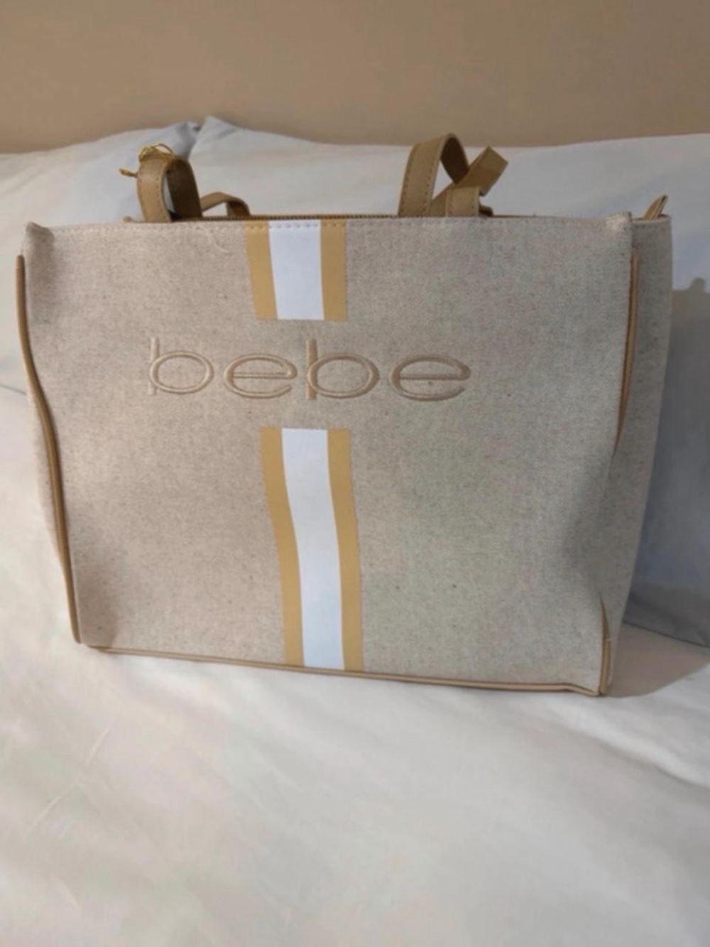 bebe Natural Canvas Tote with White & Tan Center Stripe
